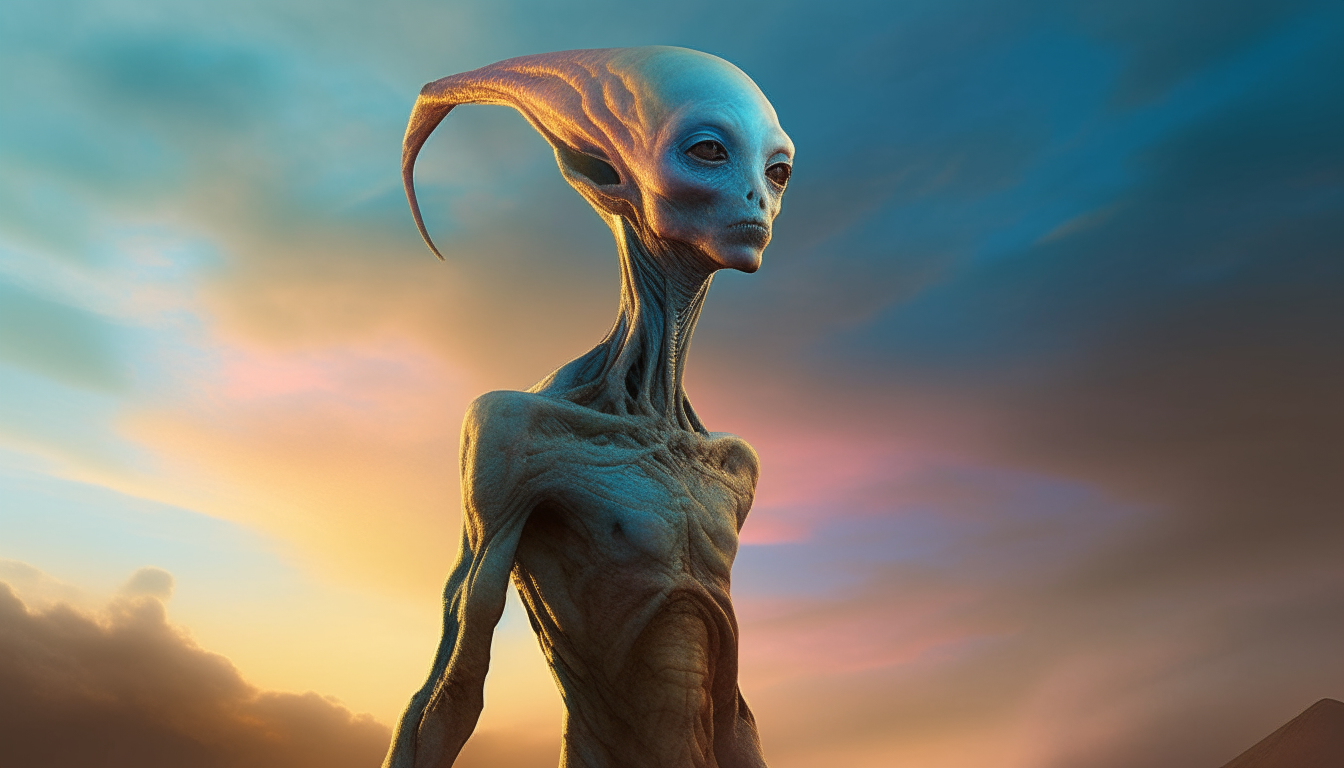 a very tall female alien creature with blue skin, four golden eyes, a hairless elongated skull, standing on the surface of an alien planet, looking up at the swirling colorful cosmic clouds in the sky, highly detailed alien anatomy and textures