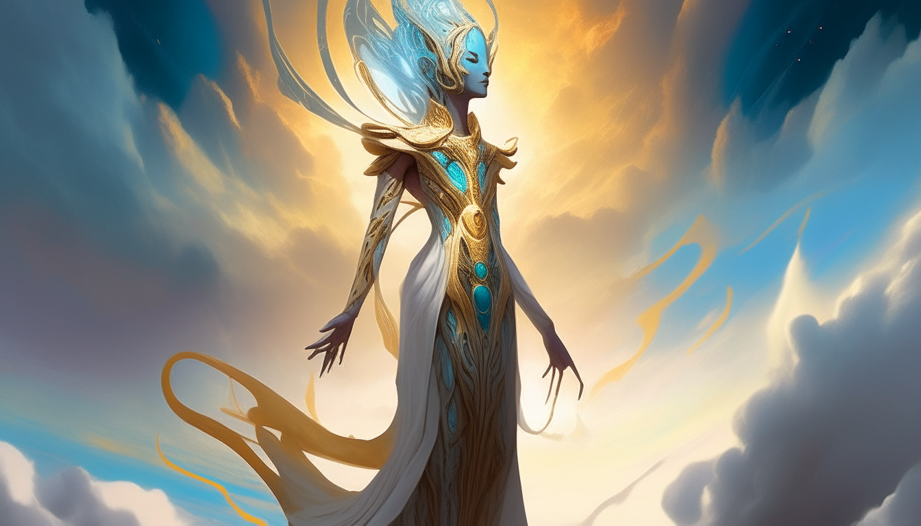 a very tall female alien creature with blue skin and four golden eyes standing on an alien planet surface, wearing an intricate gold headdress and long white robes that flow in the wind, with a glowing aura around her body, looking up at the colorful swirling clouds in the alien sky