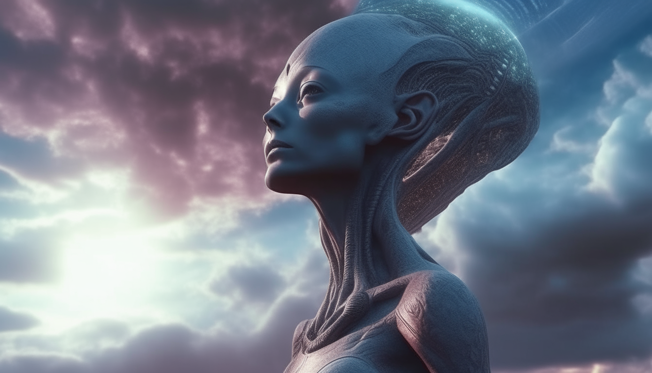 alien Goddess watching the cosmic sky clouds on the surface of the alien new world, 16.9 aspect ratio, photo realistic, highest level of details,4K quality, sci-fi fantasy style