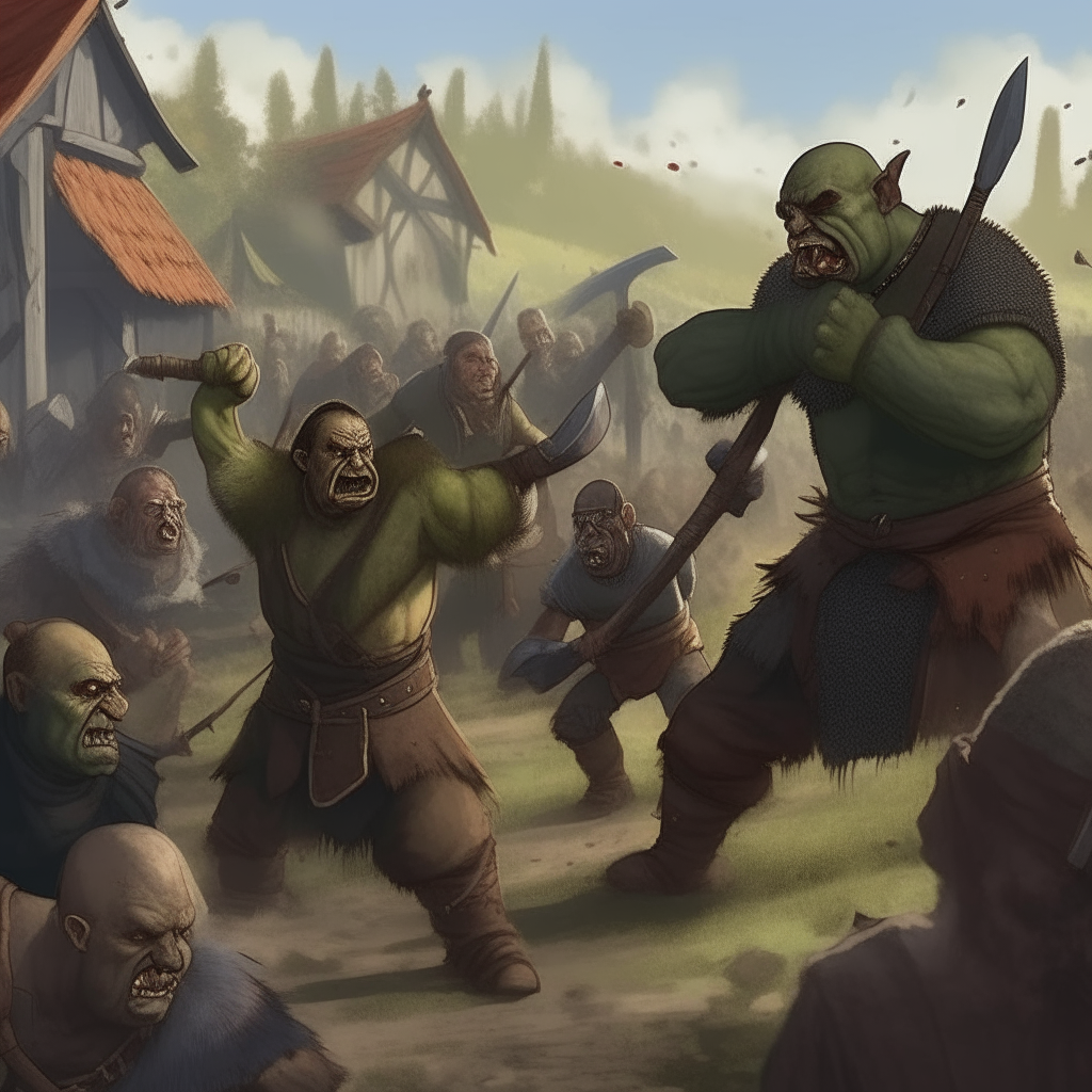 Medieval villagers fighting ugly evil Orcs 