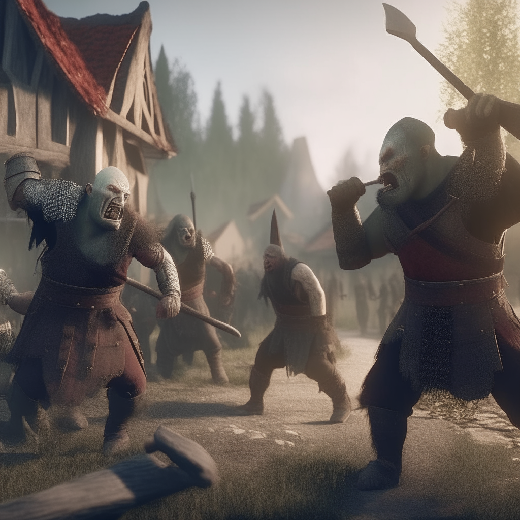 Medieval villagers fighting ugly evil Orcs , AR 16:9, cinematic, 4k