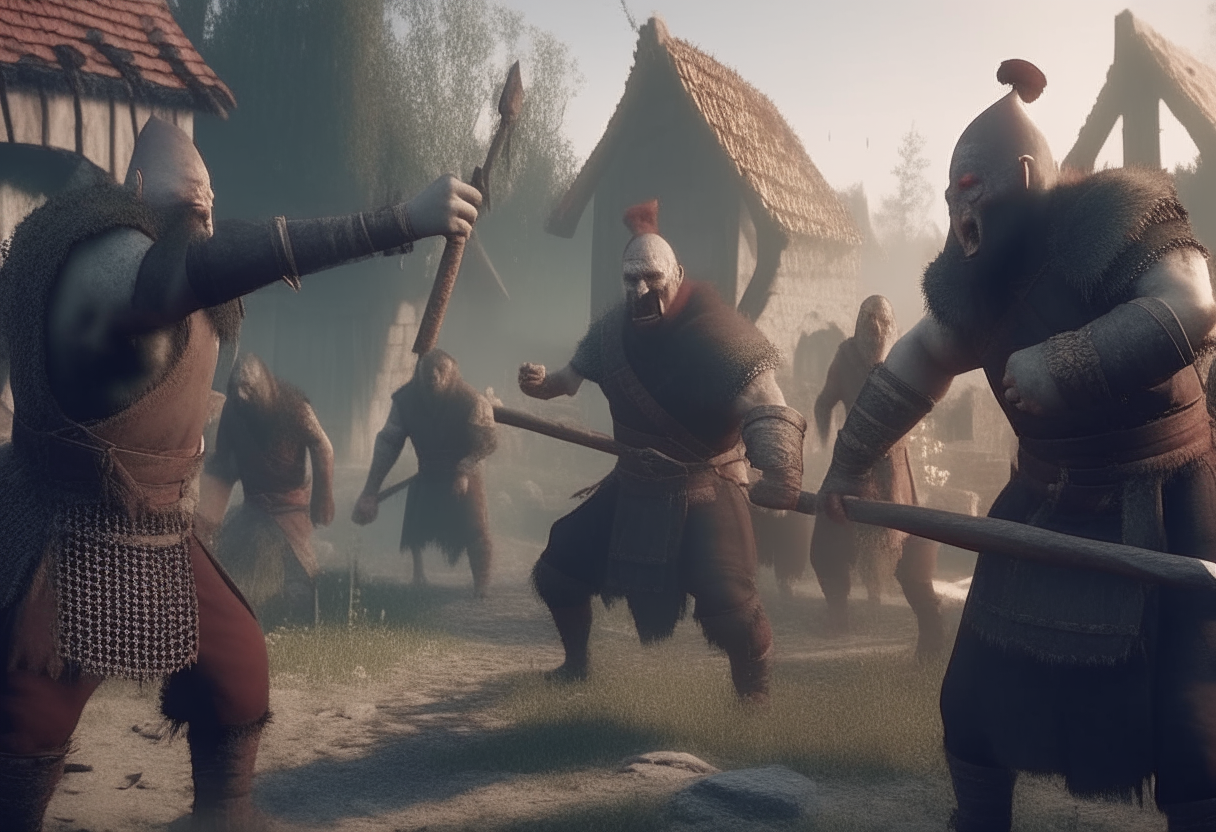 Medieval villagers fighting ugly evil Orcs , AR 16:9, cinematic, 4k