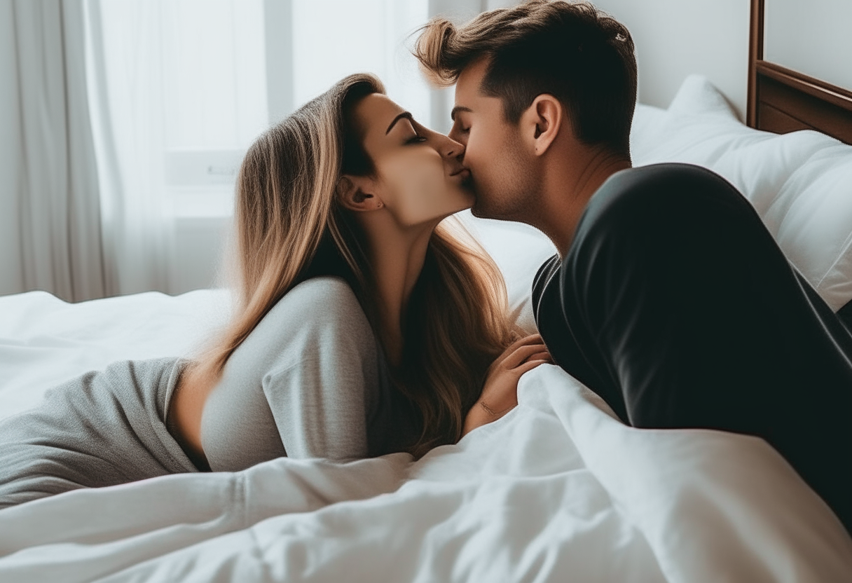 Hot girl in bed with a man kissing 