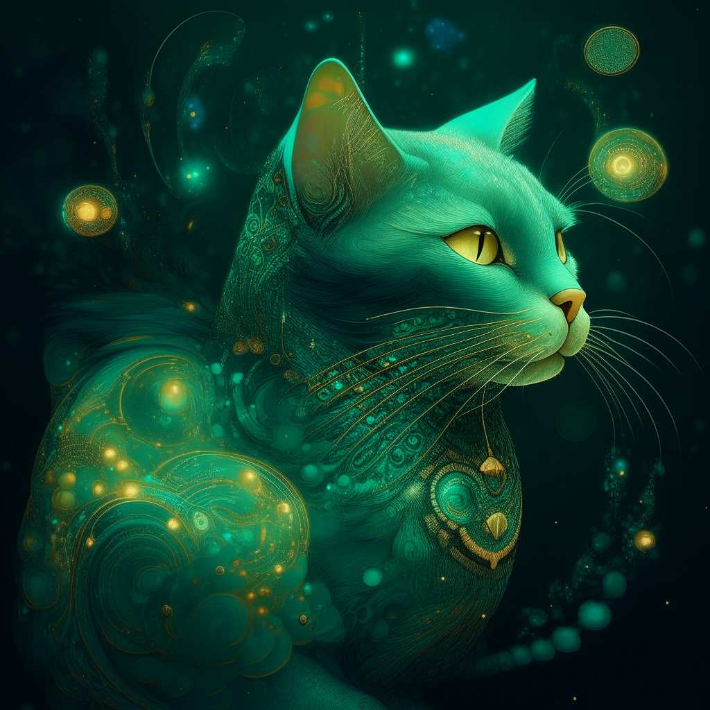 a meticulously crafted portrayal of a fantasy cat adorned in vibrant teal, emerald, and gold hues. Quantum dots dance across its fur, mirroring energy levels through swirling cosmic gold patterns. The composition includes elements like pearly dewdrops, refraction diffraction, ferrofluid dynamics, asymmetrical polyhedra toys, ornate line tracings, and intricate details reminiscent of akashic records. The visual experience is enhanced by the use of octane render, culminating in a mesmerizing display featuring gold hieroglyphics.