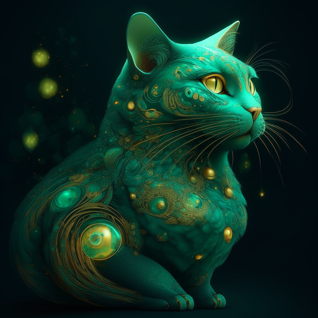 a meticulously crafted portrayal of a fantasy cat adorned in vibrant teal, emerald, and gold hues. Quantum dots dance across its fur, mirroring energy levels through swirling cosmic gold patterns. The composition includes elements like pearly dewdrops, refraction diffraction, ferrofluid dynamics, asymmetrical polyhedra toys, ornate line tracings, and intricate details reminiscent of akashic records. The visual experience is enhanced by the use of octane render, culminating in a mesmerizing display featuring gold hieroglyphics.