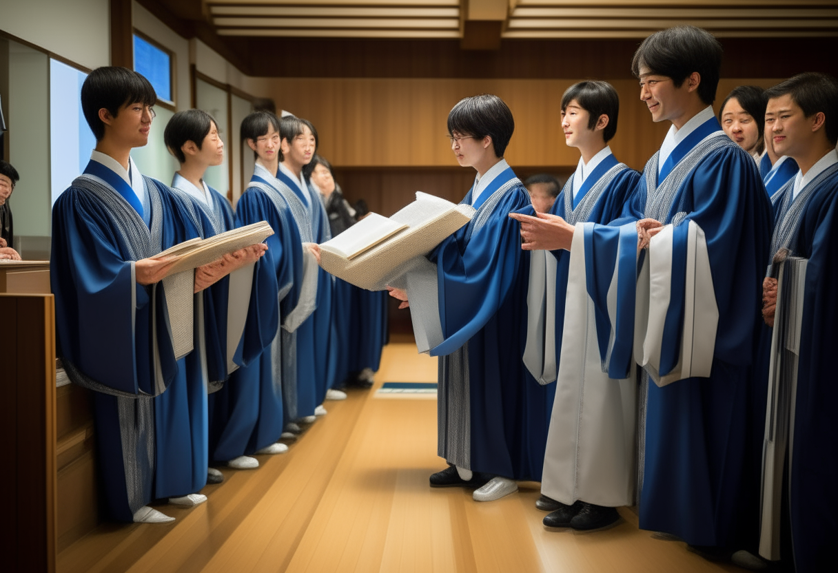 A group of Japanese high school students in blue and grey graduation robes stand on a wooden stage. They are receiving rolled diplomas from their teacher as their classmates look on.