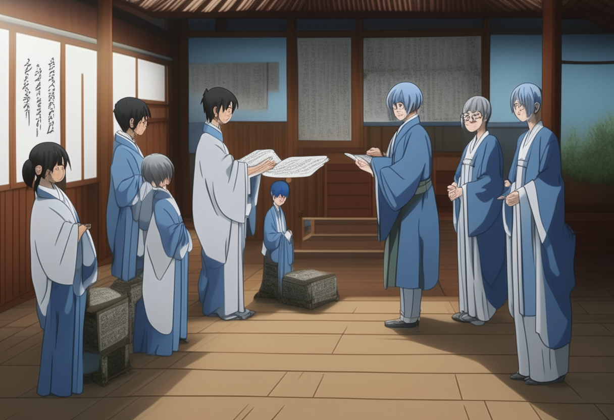 An anime-style scene of Japanese high school students in blue and grey graduation robes receiving rolled diplomas from their teacher on a wooden stage