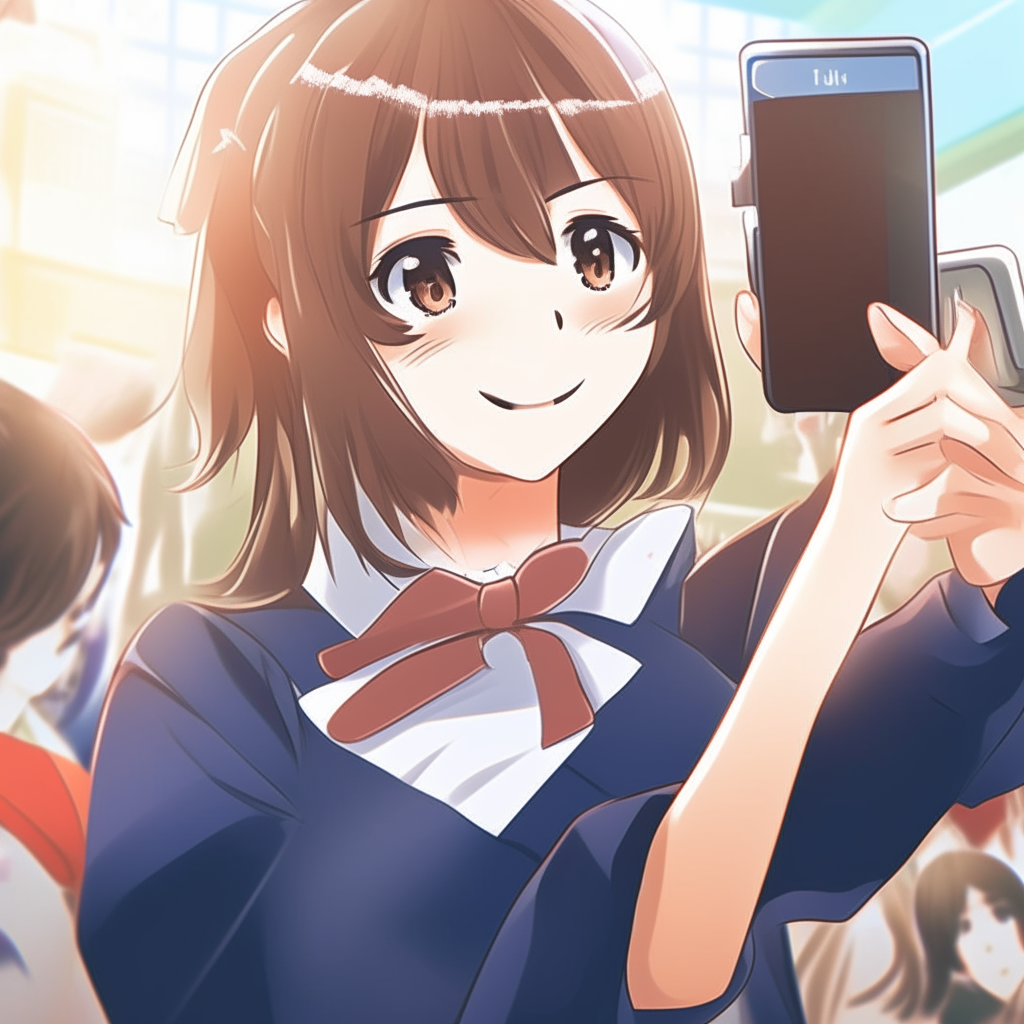 Closeup of an anime-style female high school student taking photos with her smartphone of the graduation ceremony