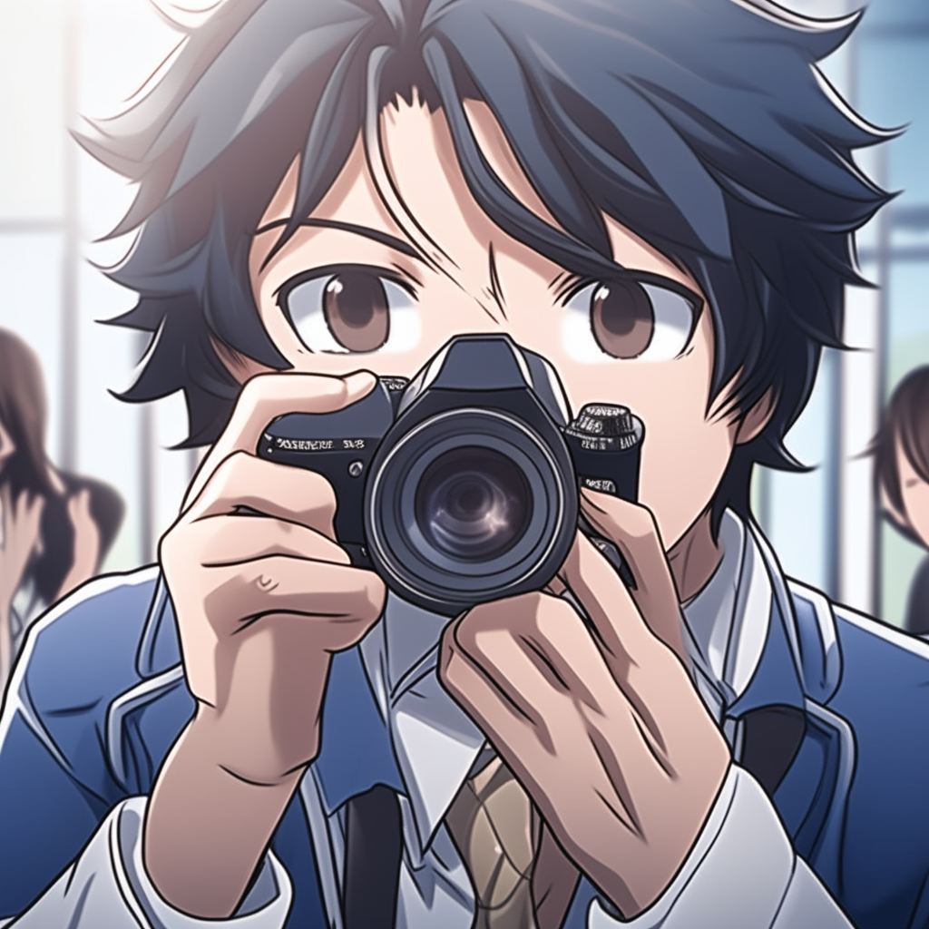 Closeup of an anime-style male high school student taking photos with a digital camera of his classmates receiving diplomas