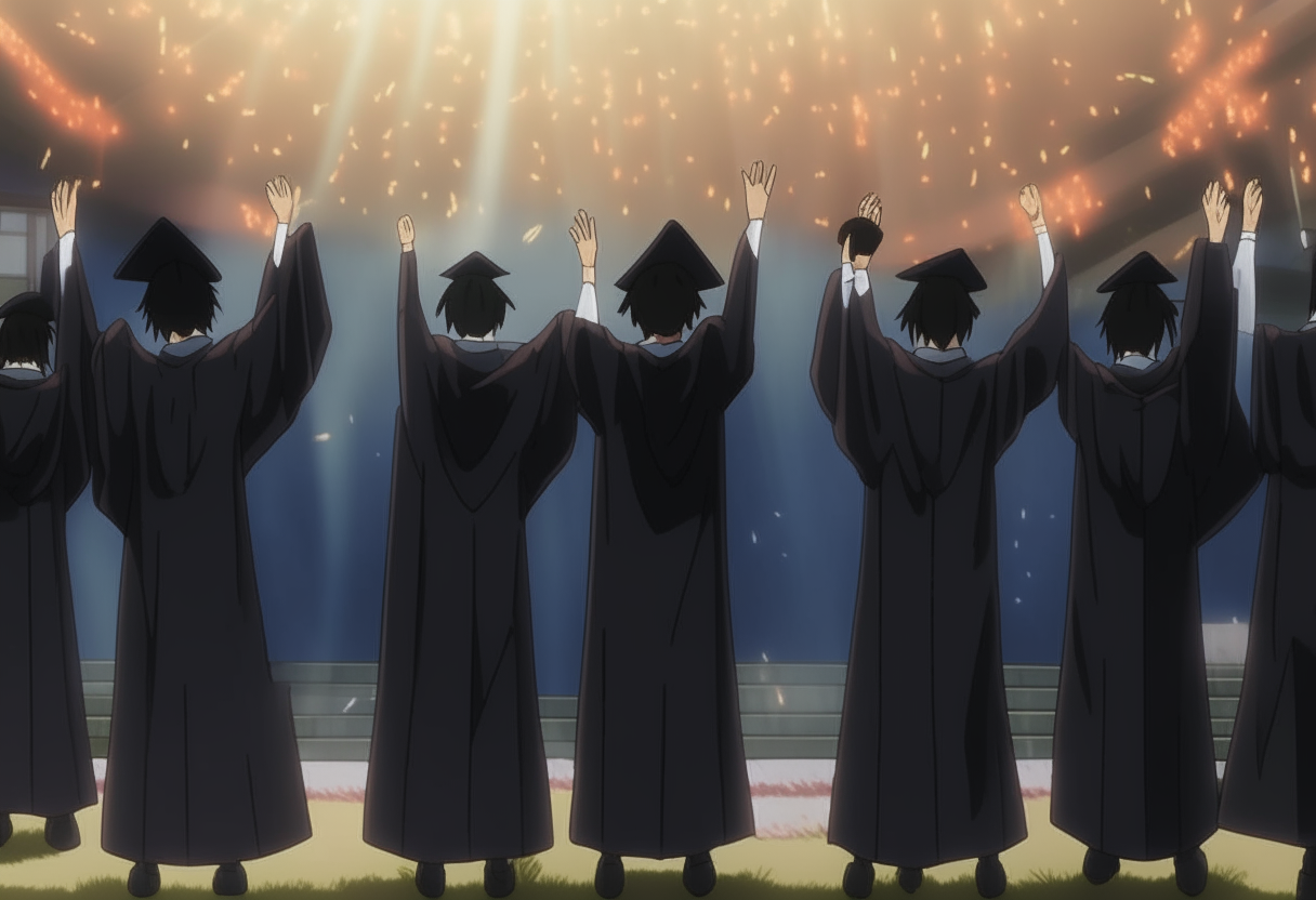 An anime-style scene of university graduates in black robes celebrating on stage after receiving their diplomas