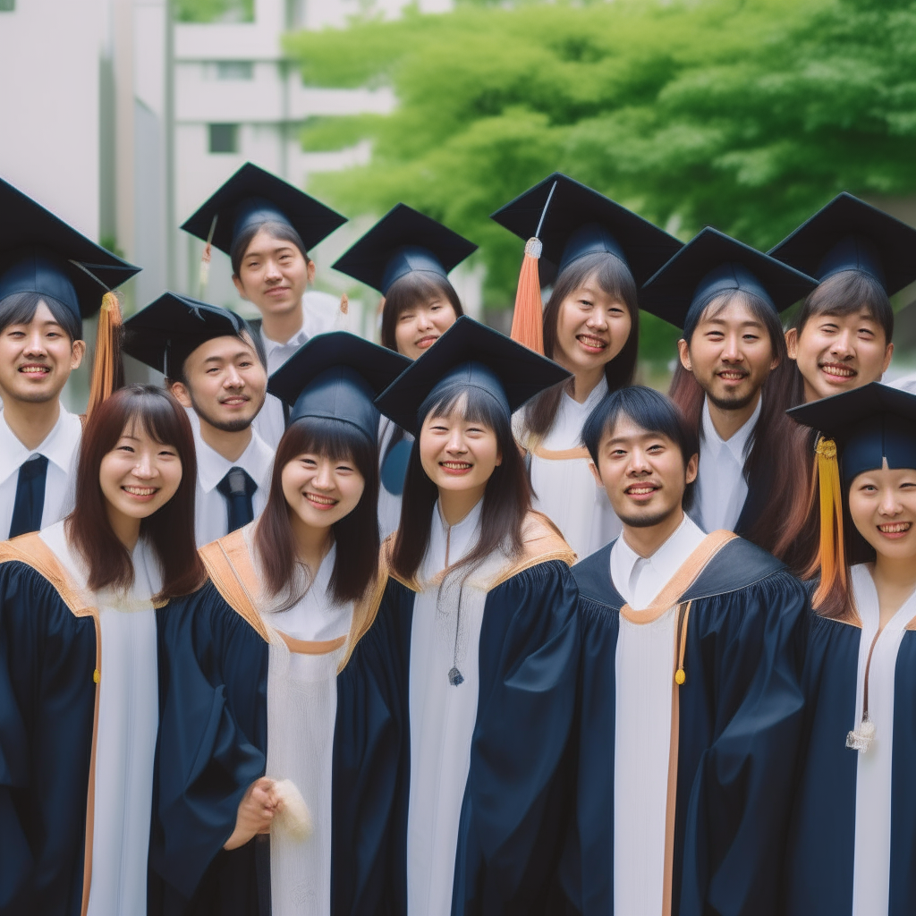 Group photo of anime-style university graduates smiling for the camera