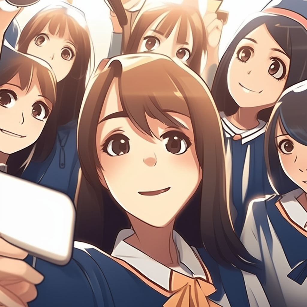 Closeup of an anime-style female graduate taking a selfie with her classmates