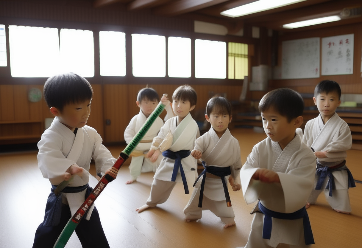 A group of Japanese children training in a dojo, each holding a toy lightsaber as their sensei watches on