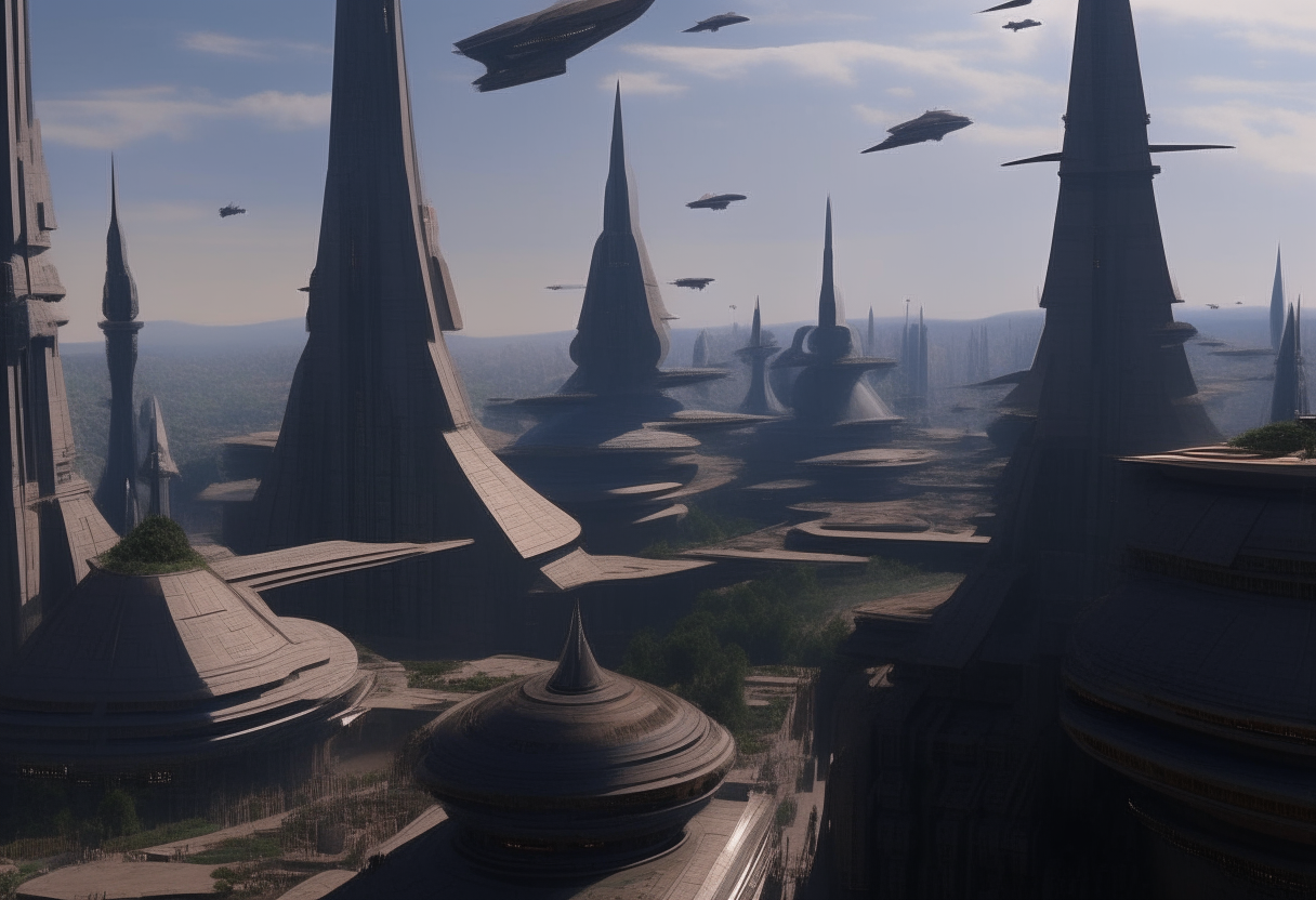 A wide shot of the Jedi temple on Coruscant, with Jedi starfighters in the sky