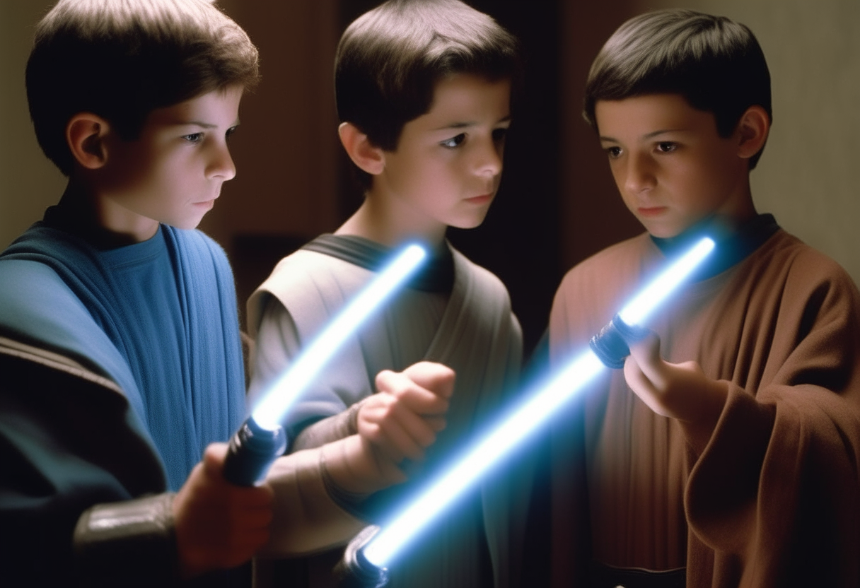 Three young Padawans practice lightsaber forms under the watch of their Jedi master