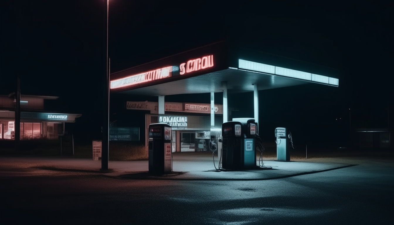A dark, deserted and scary gas station at night, with a broken neon sign flickering in the wind