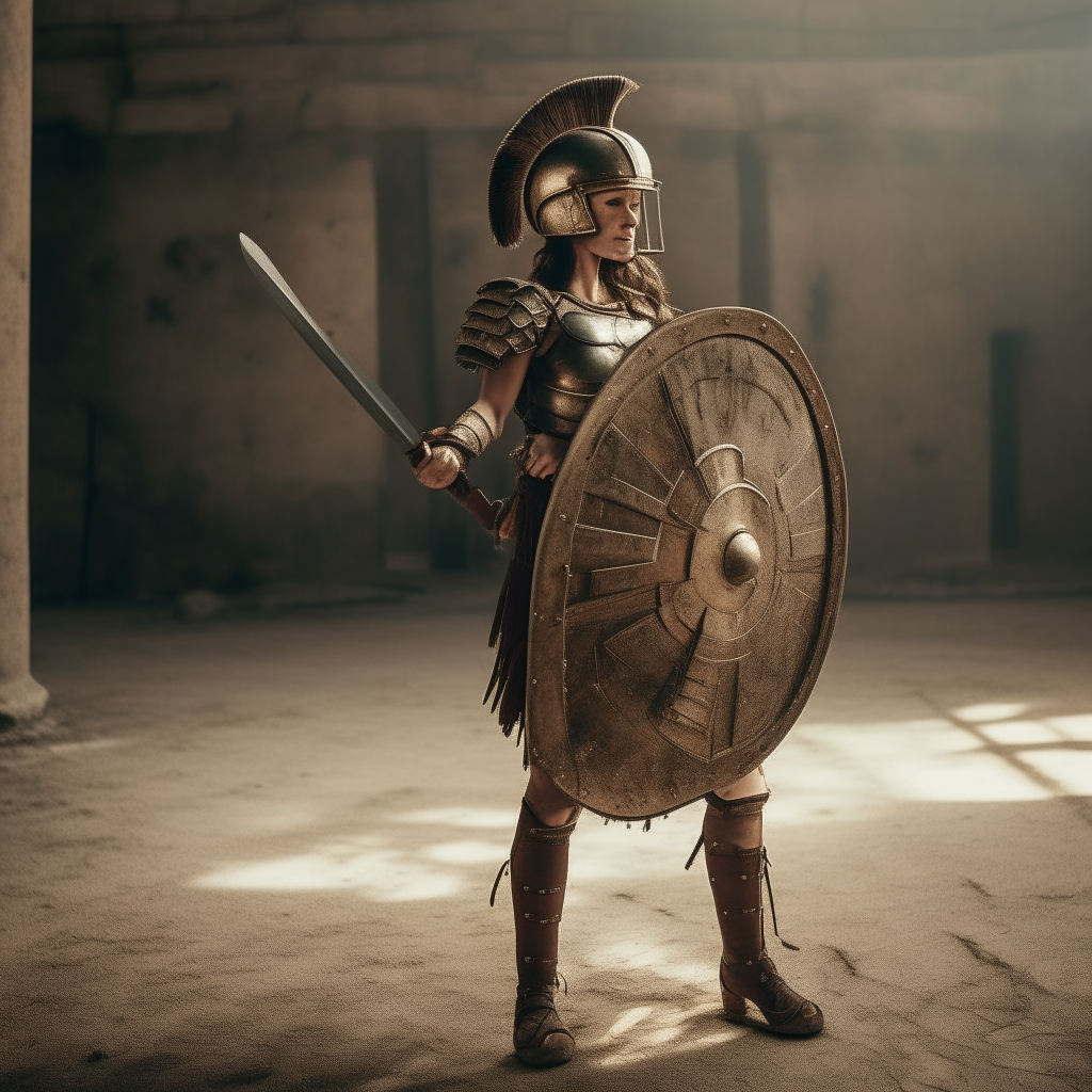 A woman gladiator wearing armor and holding a sword and shield in an ancient Roman arena