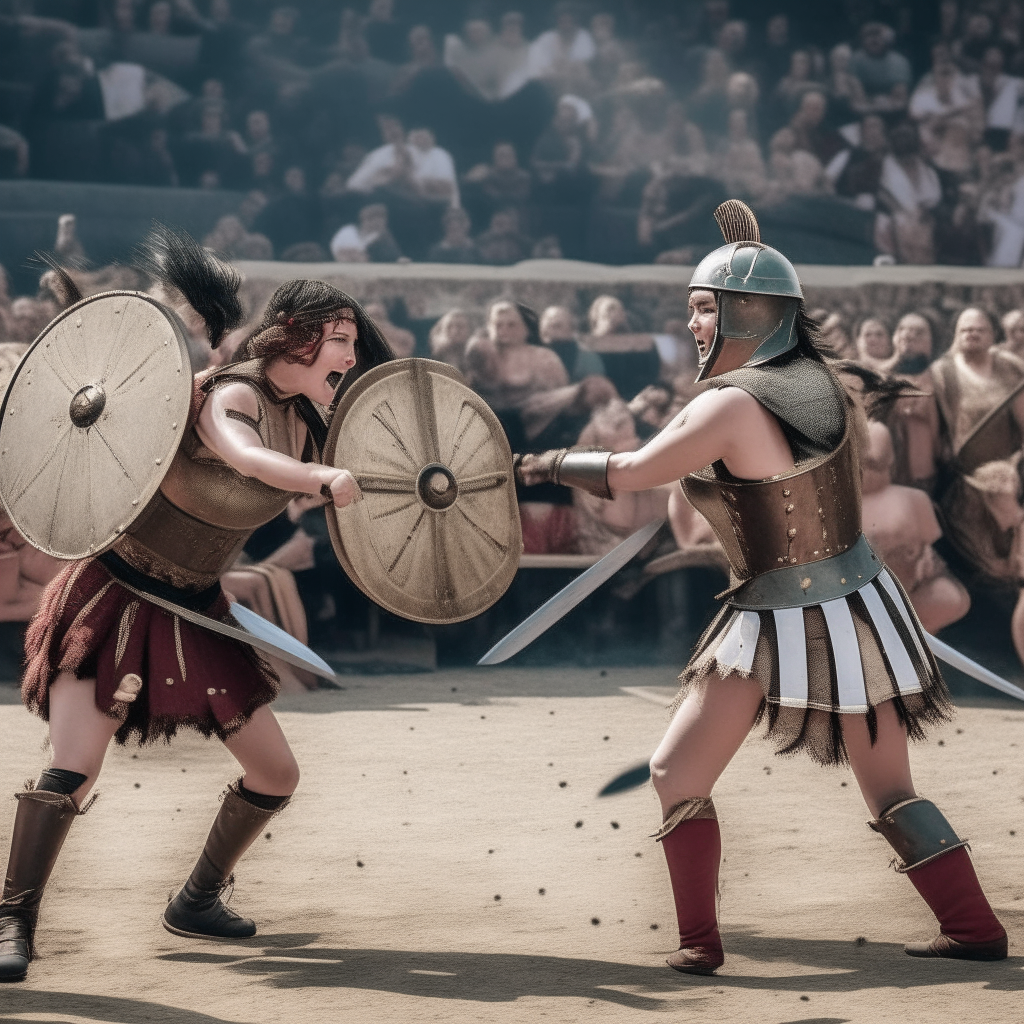 Two women gladiators fighting each other with swords and shields in front of a cheering audience