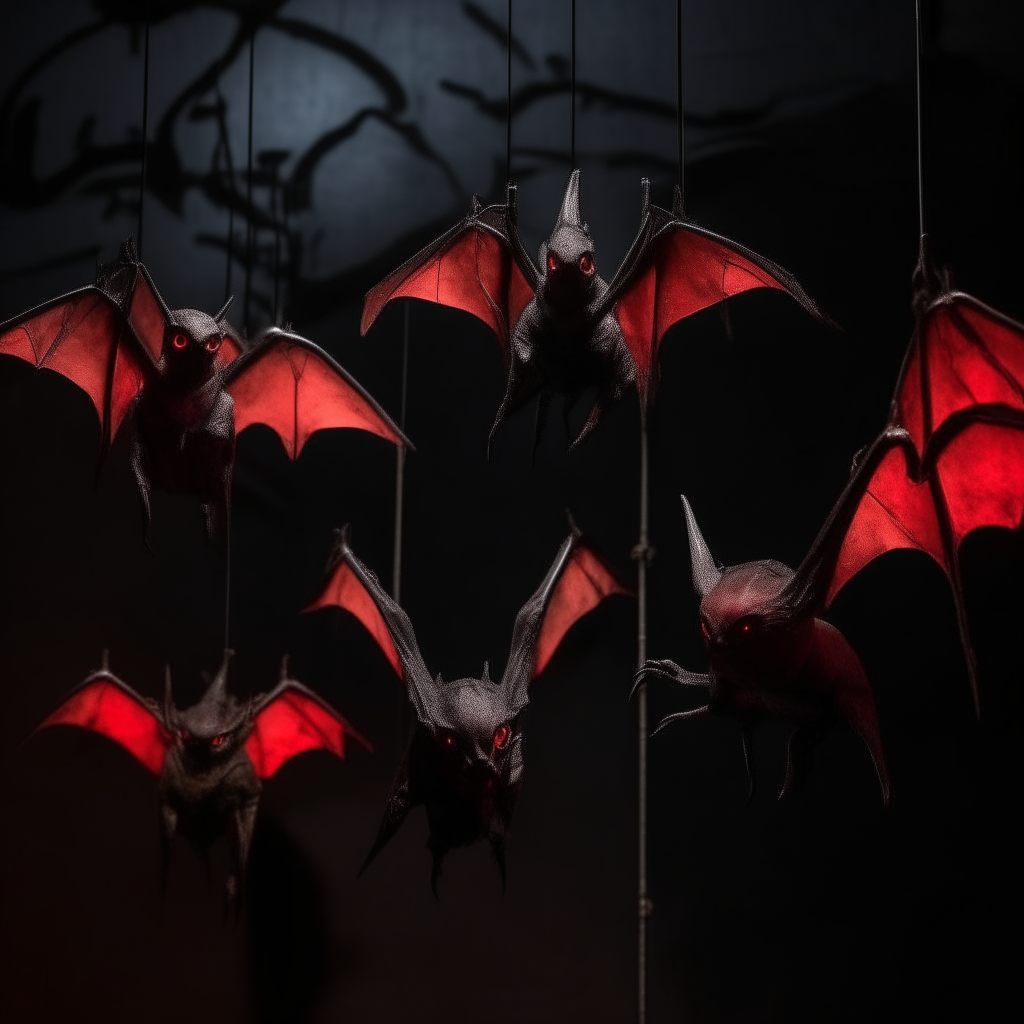 a group of five robotic bats perched on a metal branch at night, their wings are made of thin metal sheets and their eyes glow bright red