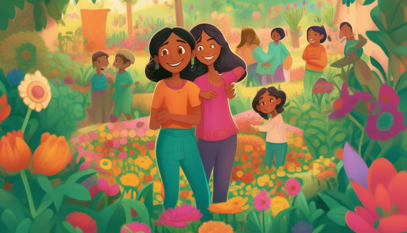Show the villagers marveling at the beauty of Leela and Anaya's gardens, expressing appreciation for the sisters' dedication and hard work.