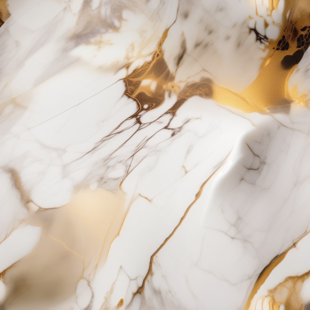 a slab of polished calacatta gold marble, close up macro photography, smooth veined surface, luxurious stone
