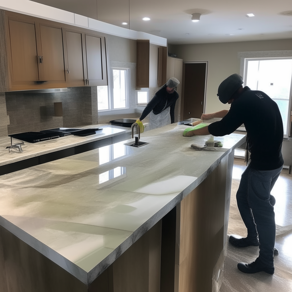 onyx countertops being measured and installed in a high-end kitchen