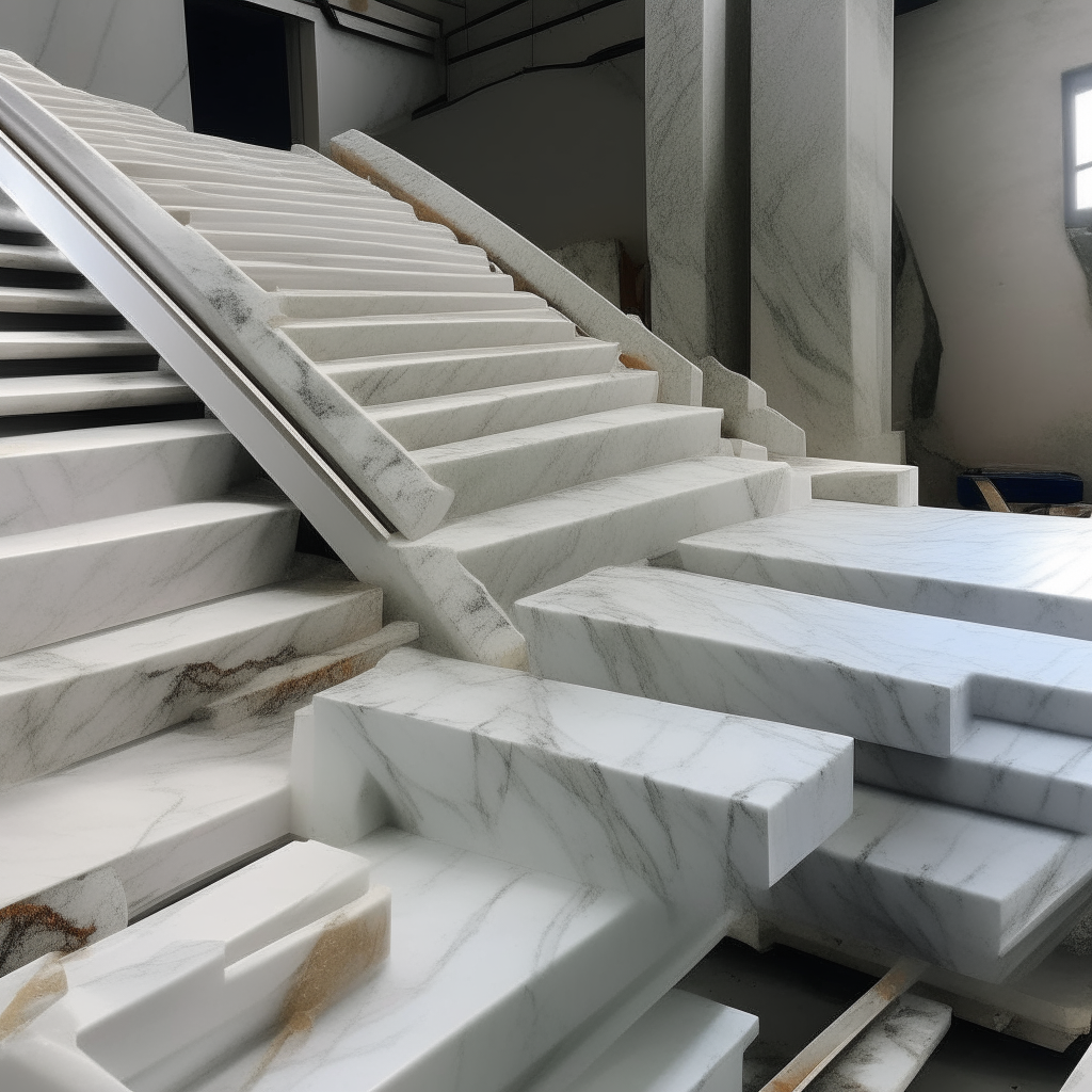 marble staircases being fabricated in a workshop