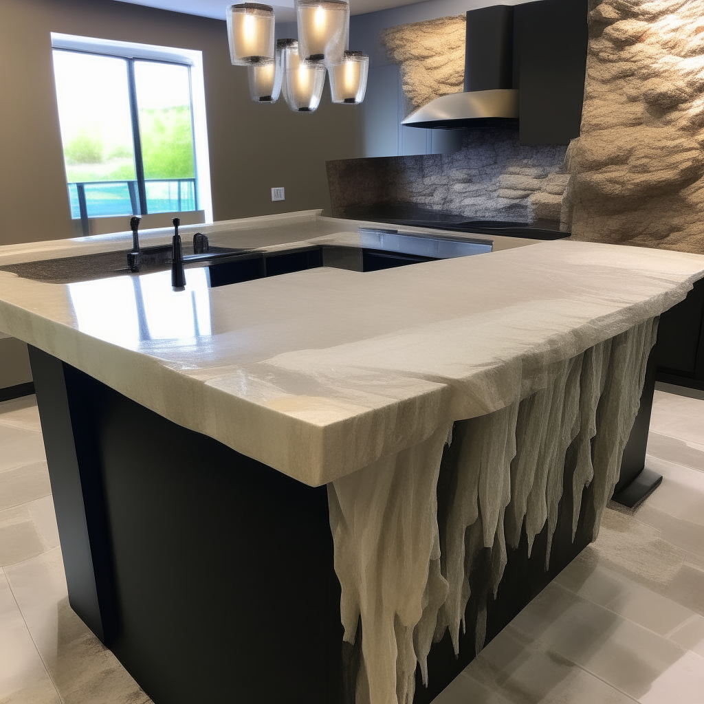 travertine countertops with waterfall edges