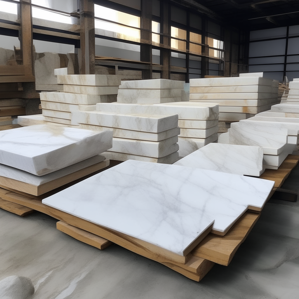 Calacatta marble slabs stacked on wooden pallets