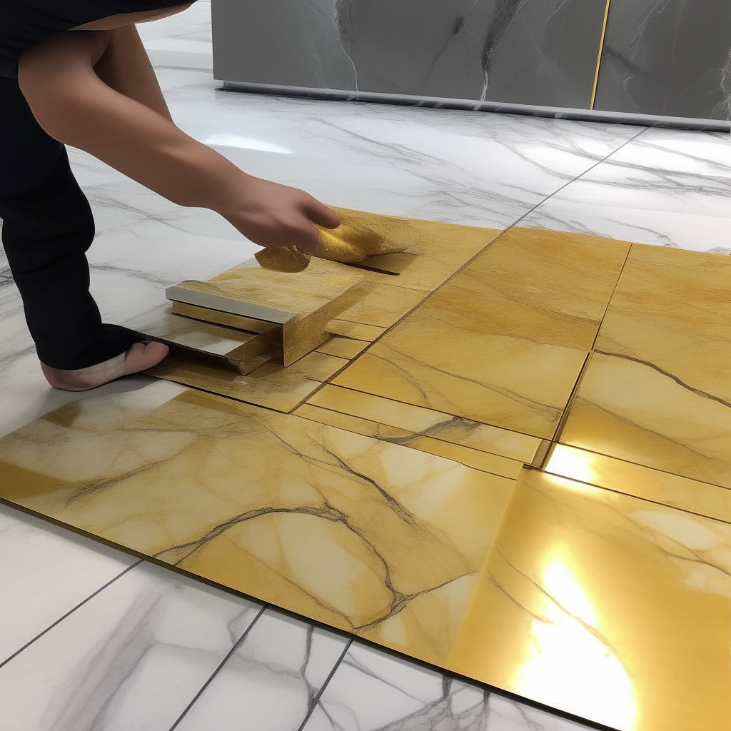 Oro Gold marble tiles being measured for installation