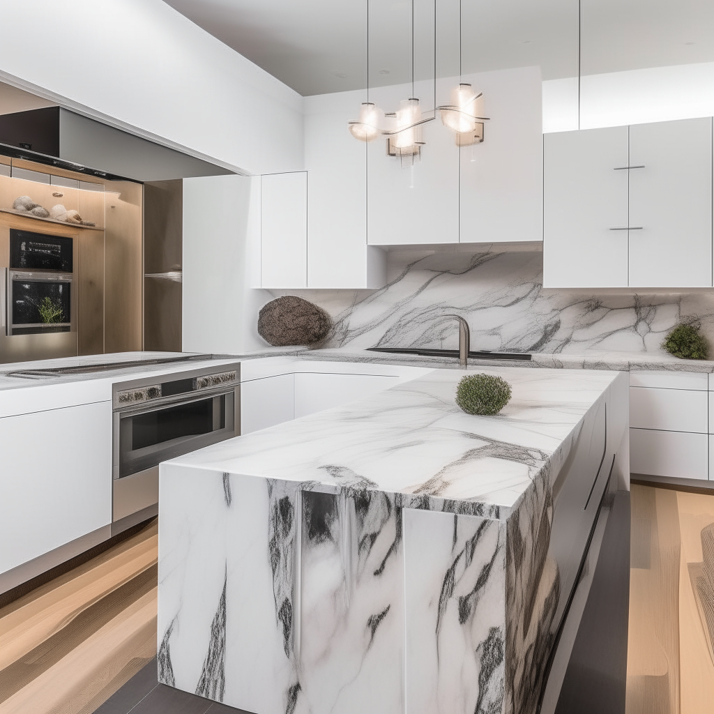 Calacatta marble countertops with waterfall edges in a modern kitchen