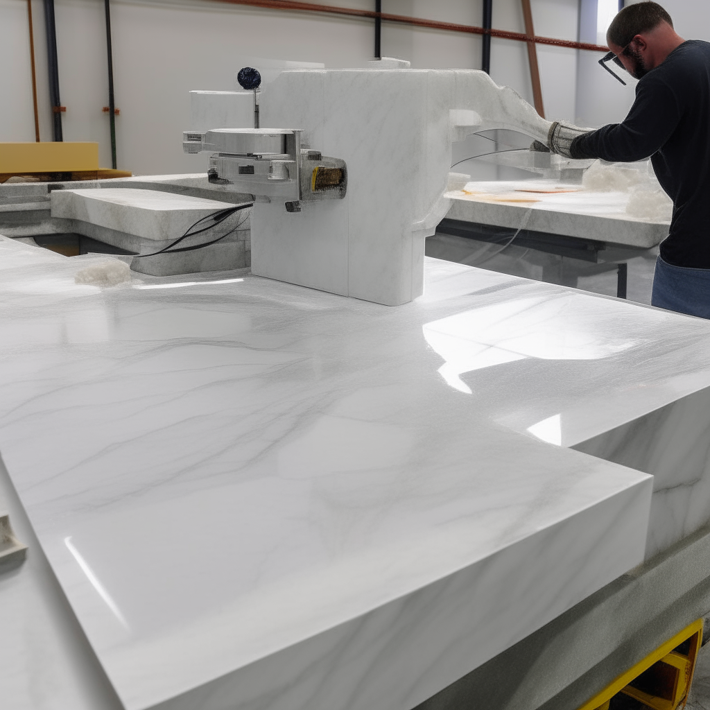 White marble being cut into slabs with a waterjet