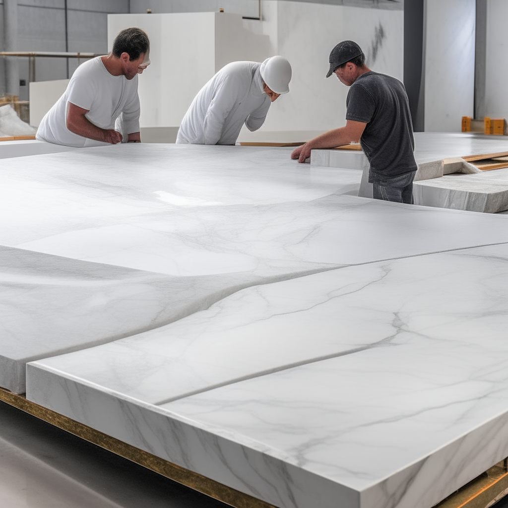 workers inspecting a large White marble slab for imperfections