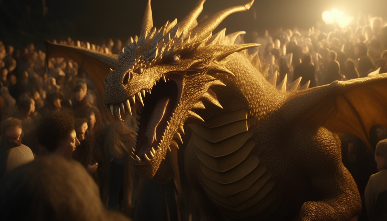 A large, detailed golden dragon with an ominous expression landing in a crowd of scared medieval villagers, cinematic lighting