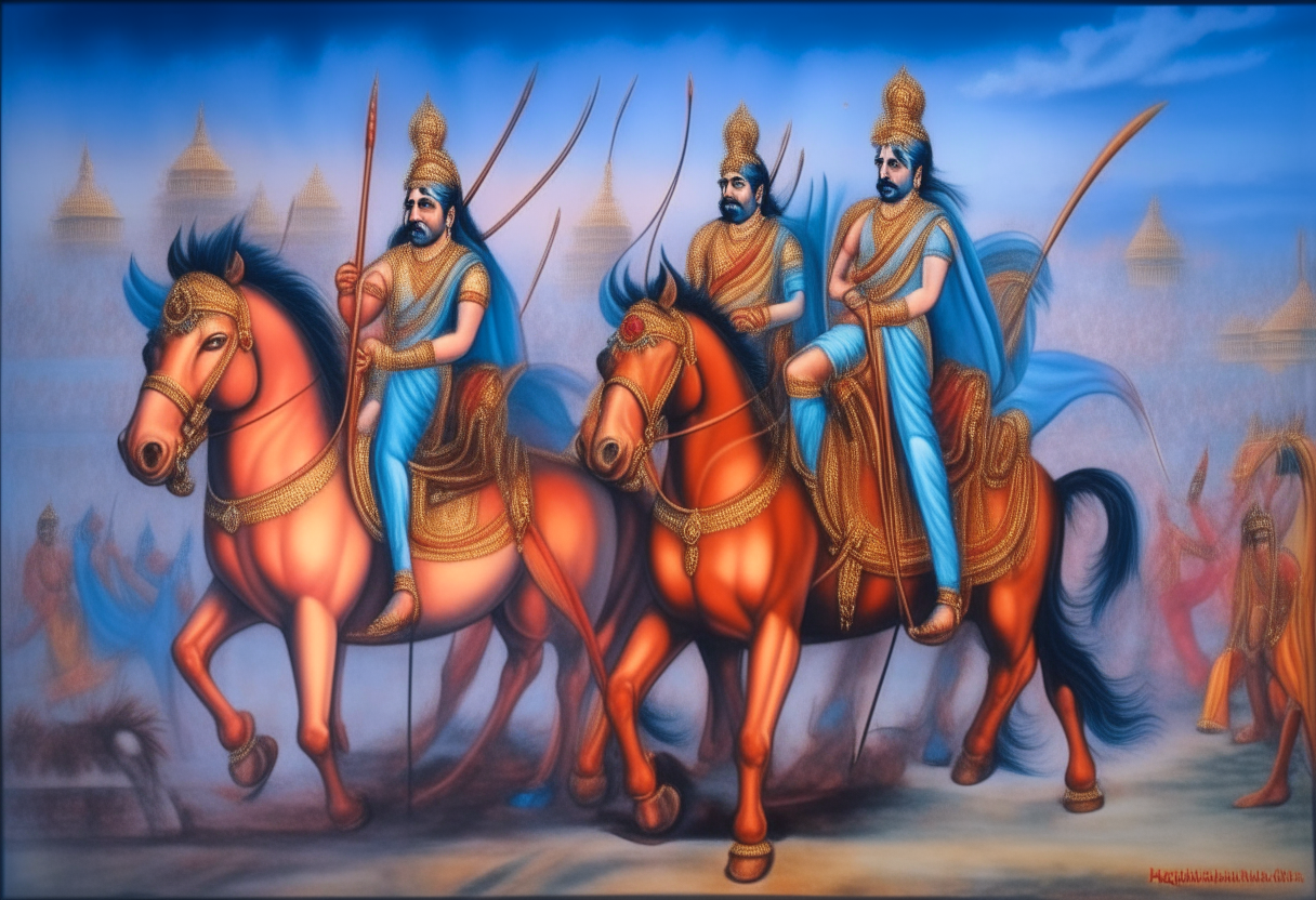 Lord Krishna and Arjuna in a chariot drawn by four strong horses, set out for battle amidst the commotion of war in the background. Vibrant colors and strong physiques are depicted against a fierce and divine backdrop.