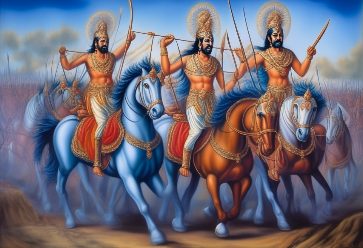 Lord Krishna, the divine charioteer, guides Arjuna the archer into battle. Within their chariot drawn by four fierce horses, the heroes charge forward at great speed against the backdrop of war.
