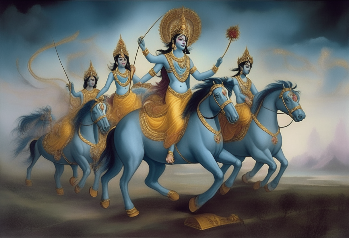 Lord Krishna sits confidently in a chariot drawn by three powerful horses. The divine figure holds the reins with grace and strength as the horses gallop through an epic landscape.