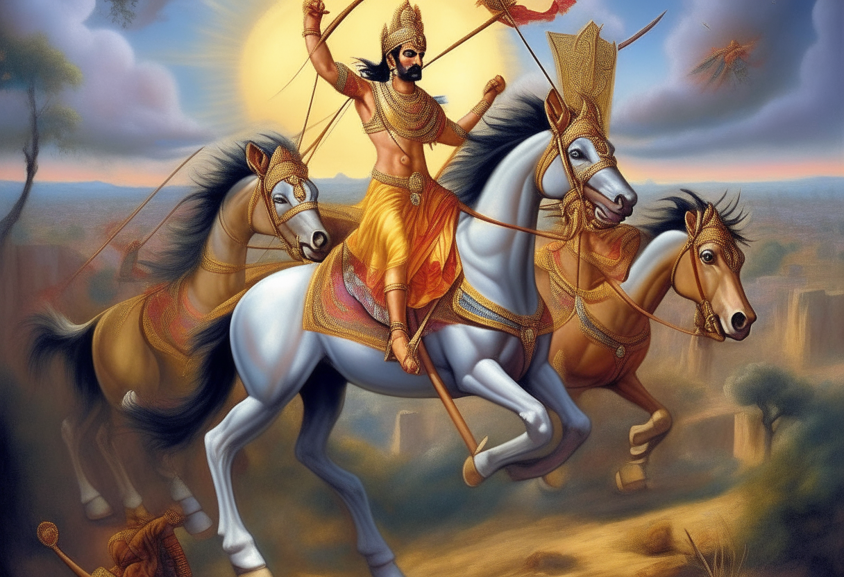 Arjuna the archer rides fiercely into battle, his chariot drawn by powerful horses racing across the landscape at great speed. Lord Krishna guides the hero with grace and divine essence, as Good prepares to triumph over Evil in the epic clash.