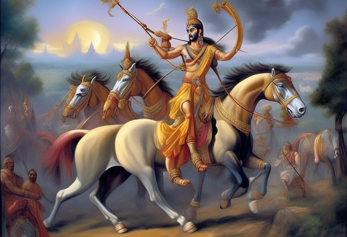 Arjuna the archer rides fiercely into battle upon his chariot, drawn by powerful horses racing across the landscape at great speed. Lord Krishna sits alongside, guiding the hero with grace and divine essence as Good prepares to triumph over Evil in the bloody clash.
