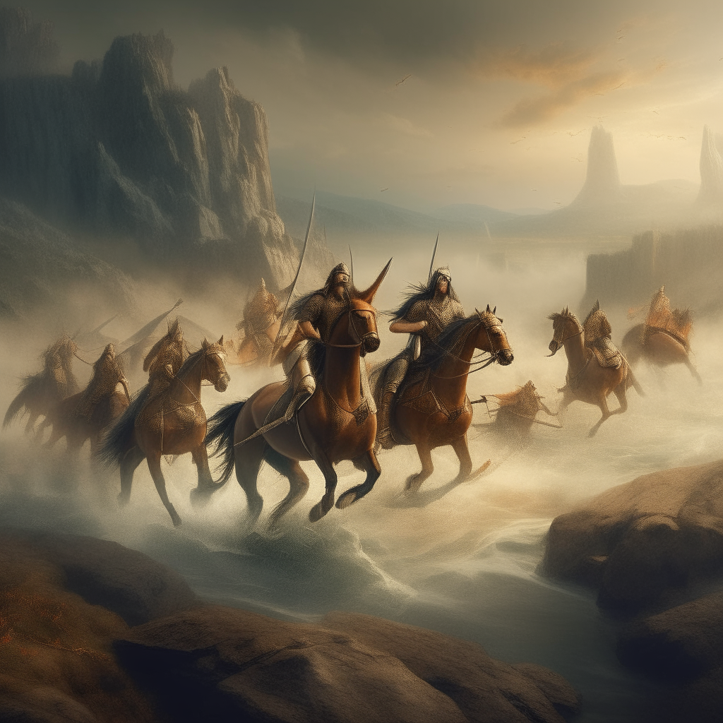 Heroic warriors on horseback charge across an epic landscape in a style combining elements of the earlier images