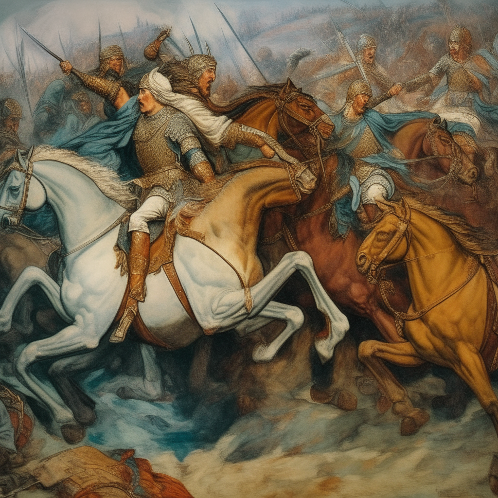 A scene of heroic figures riding horses into battle, blending the artistic styles of the previous images