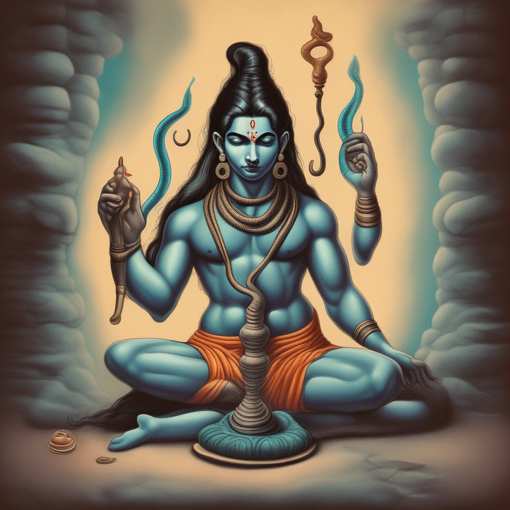 The Hindu god Shiva achieves complete inner peace, meditating in a serene setting. A cobra coils near his still body as he draws spiritual energy from his tranquil state of mind.