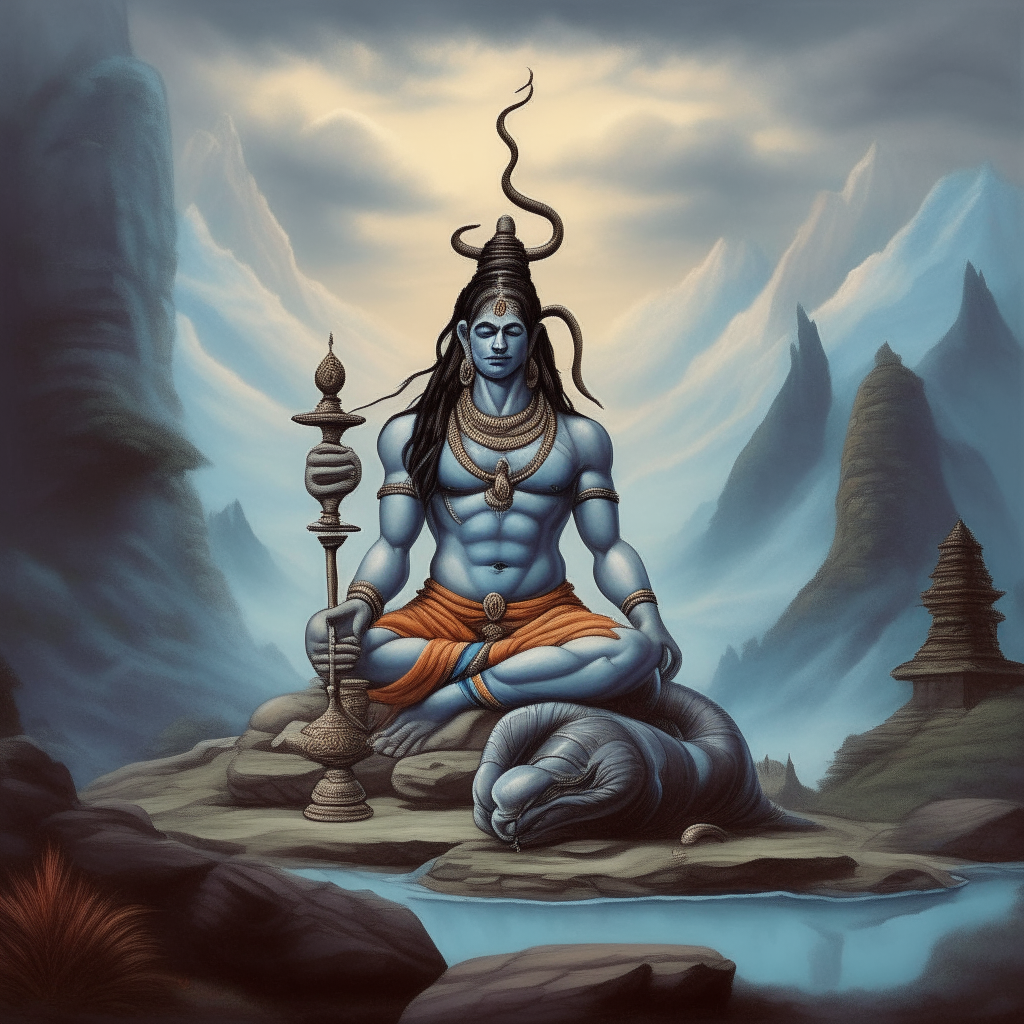 Lord Shiva sits in deep meditation, surrounded by a beautiful natural landscape. A divine essence emanates from his still form as a cobra rises beside him.