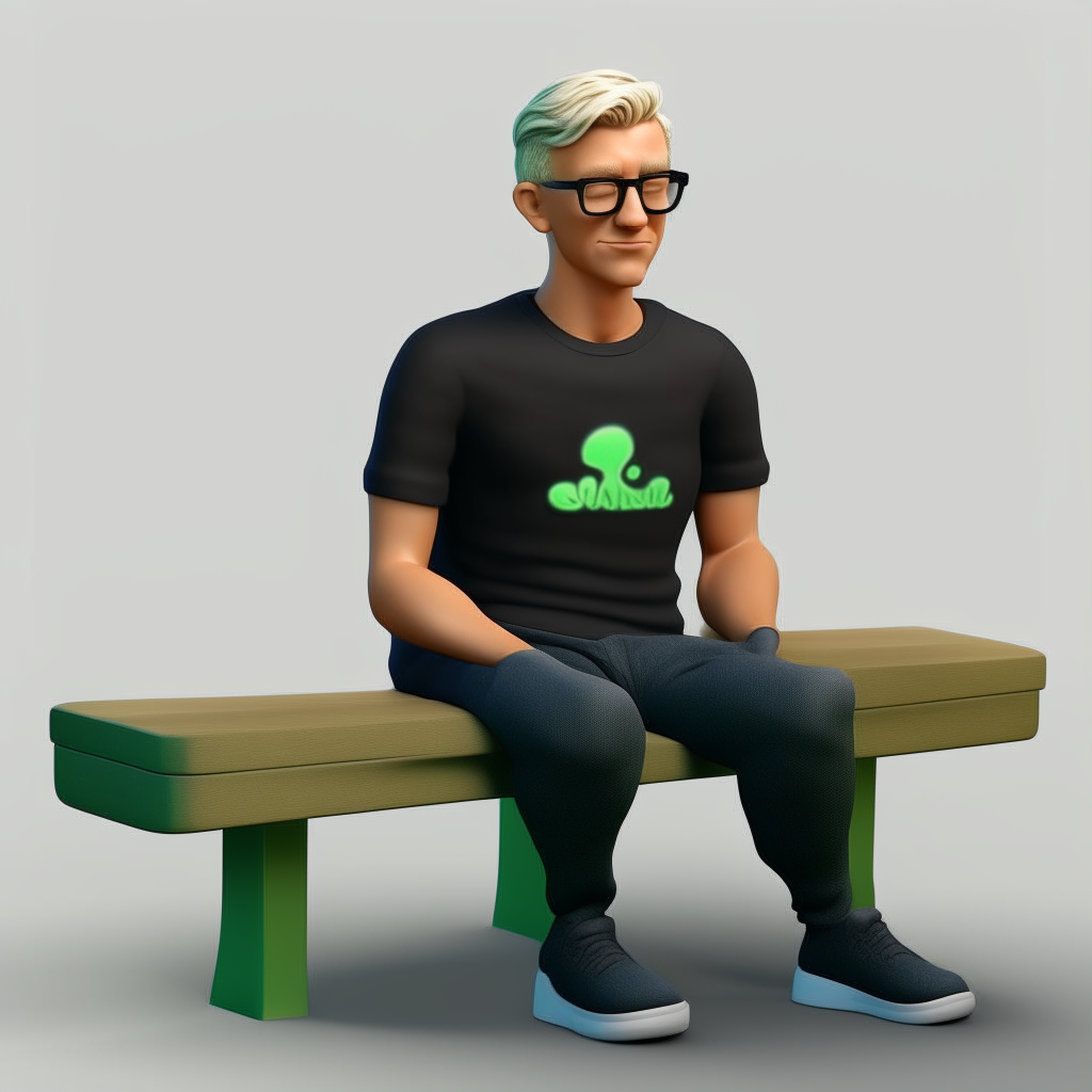 (best quality, 8k, artwork :1.2), hyper-realistic, create a 3D illustration of an animated middle aged man character with glasses sitting casually on top of a "bench" social media logo The character must be in a black t-shirt, short hair, side combed, blonde hair, fair Caucasian skin, green eyes animated, he's a little overweight, with a very short blond beard, light skin, holding a cell phone, white background, with the name "Nave Shorts TV" on the t-shirt