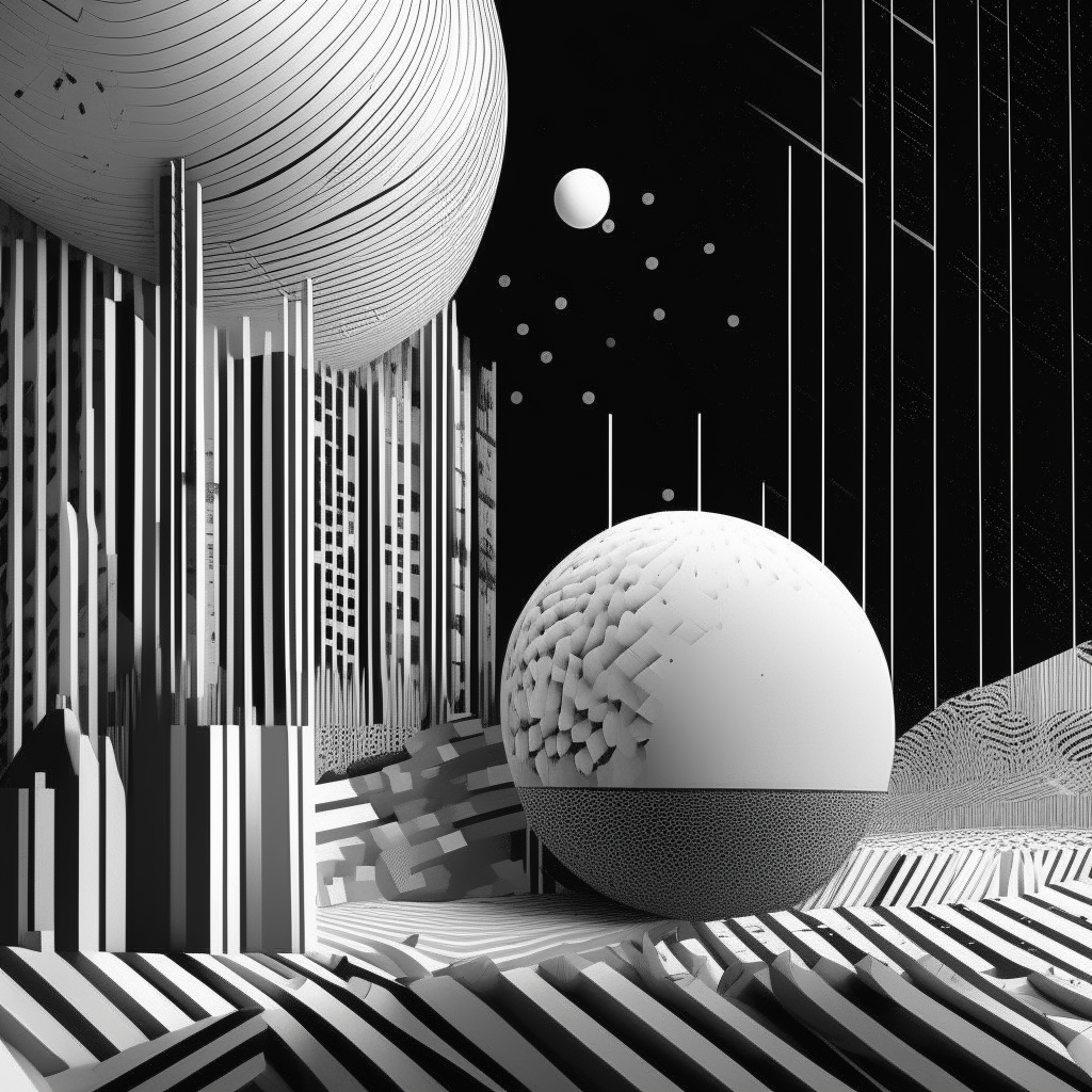a minimal black and white abstract scene with cellular patterns and geometric shapes resembling a futuristic planet or monolith