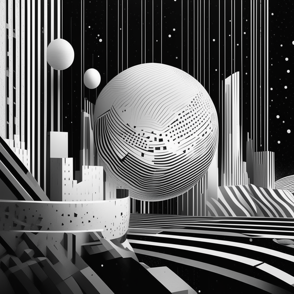 a minimal black and white abstract scene with cellular patterns and geometric shapes resembling a futuristic planet or monolith