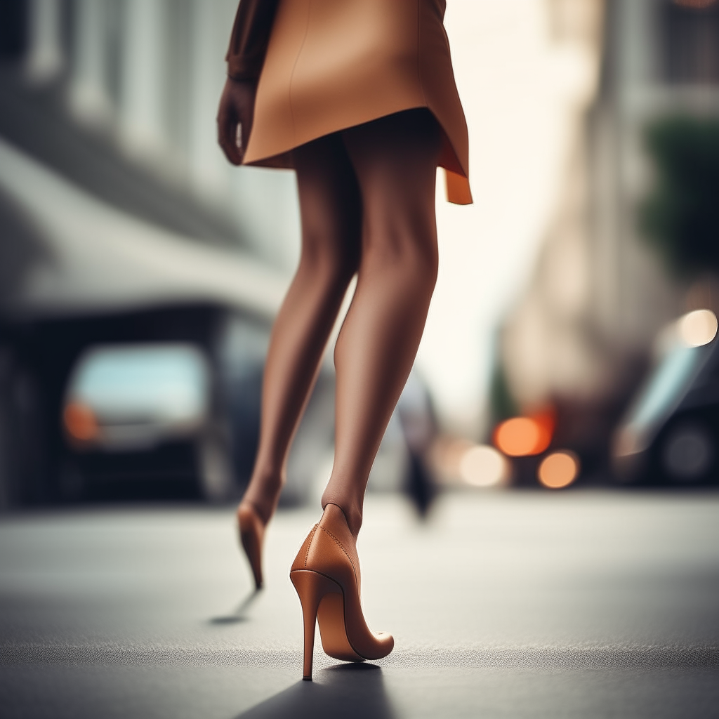 a woman's legs in high heels on a city street going away from camera low angle