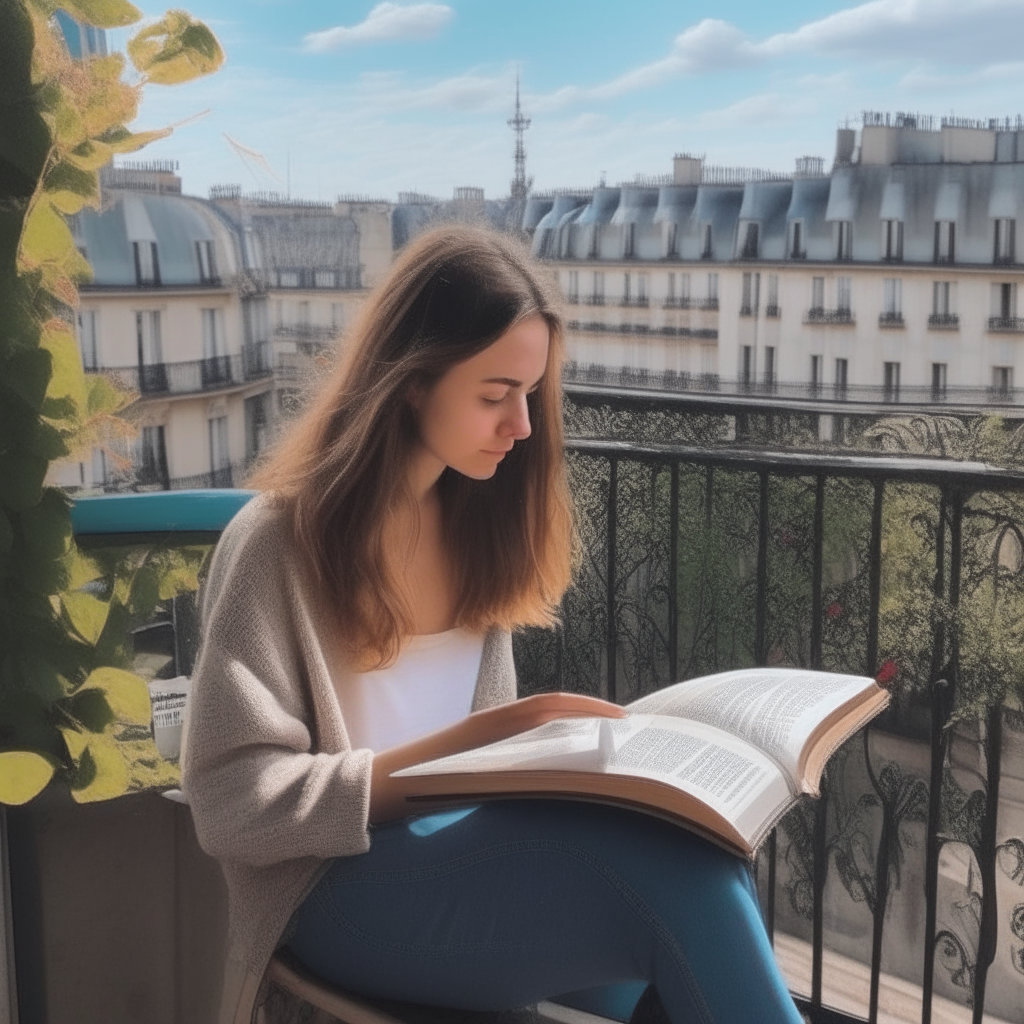 Anabel sentada en una terraza de París en primavera mientras lee un libro de forma concentrada sin desviar la mirada del libro