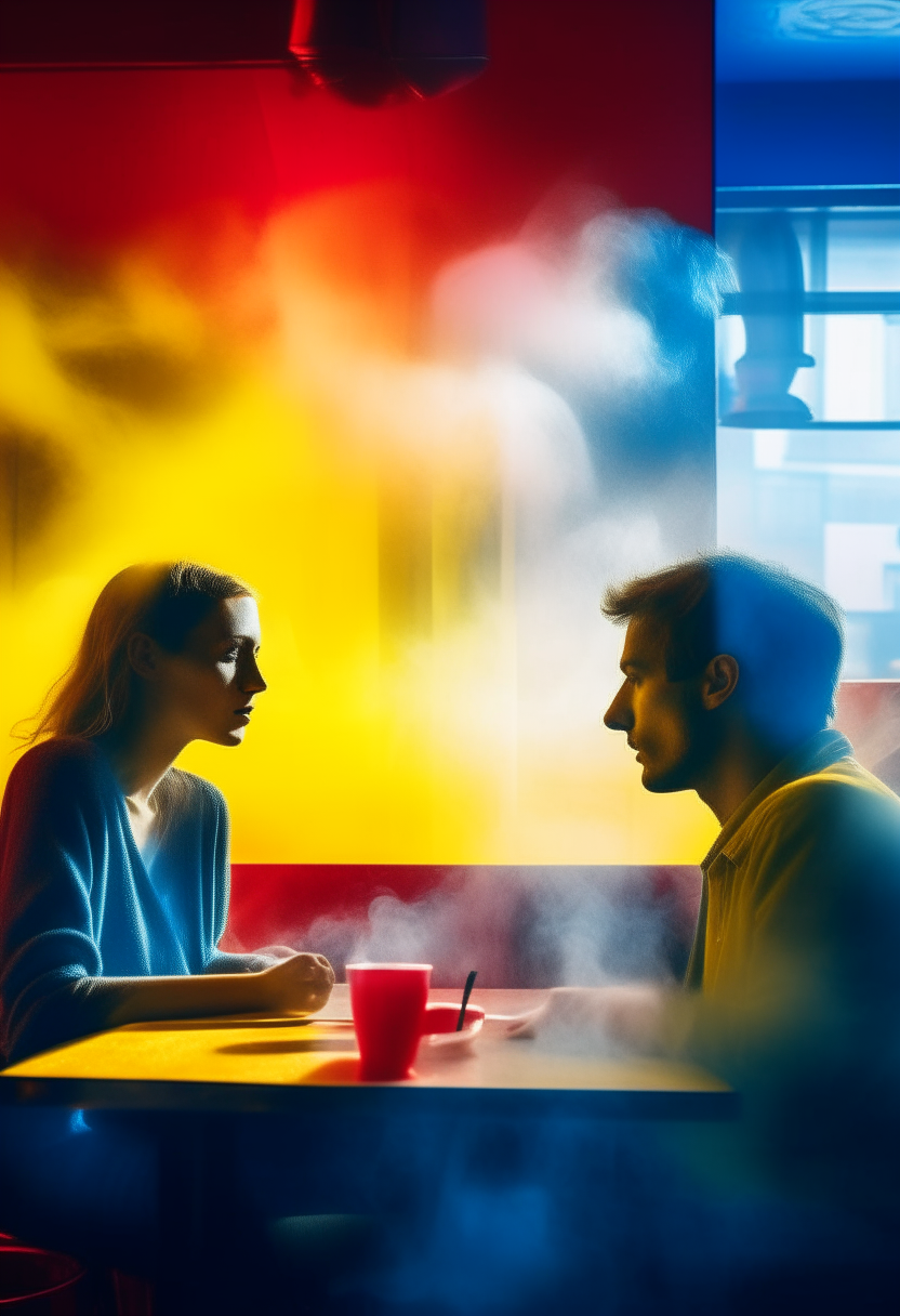 A situation in a state of longing between a man and his lover inside a cafe in red and yellow colors, with medium-intensity blue smoke moving between them 