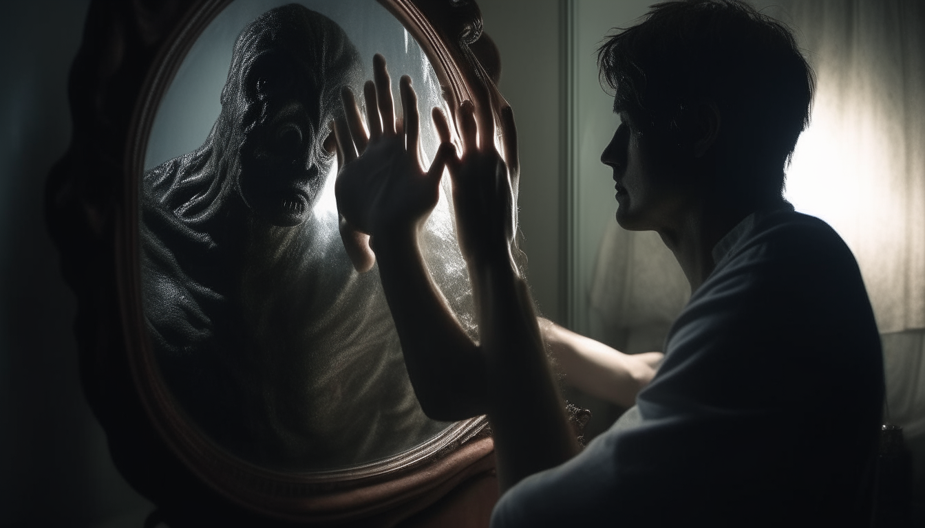 Generate an image capturing the moment John desperately clings to his surroundings, trying to resist being pulled into the mirror by the ominous, monstrous hand.